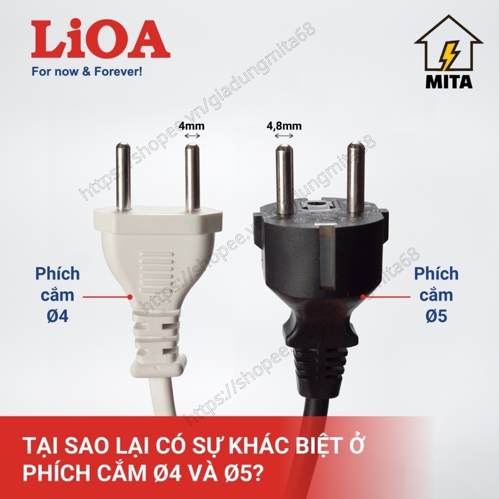 Ổ cắm điện LiOA phổ thông loại không công tắc( model TC) 3 lỗ, 4 lỗ, 5 lỗ  dây dài 3m/5m công suất 1000W - MITA