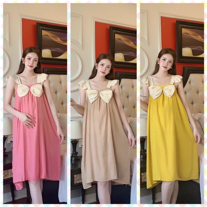 Váy - đầm hai dây hoạ tiết đẹp mặc nhà thời trang thiết kế dáng suông freesize cho mẹ bầu hoặc không bầu