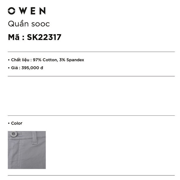Quần Short Nam Owen SK22317 Quần Short Kaki Màu Xám Dệt Tăm Trơn Kiểu Dáng Slim Fit Chất Liệu Cotton