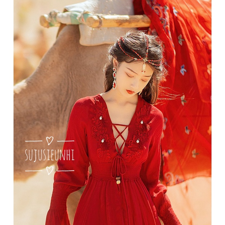 (Mẫu đỏ) Vòng đội đầu đính hạt dáng chuỗi Tây Tạng, trang trí trán cosplay cô gái Mông Cổ