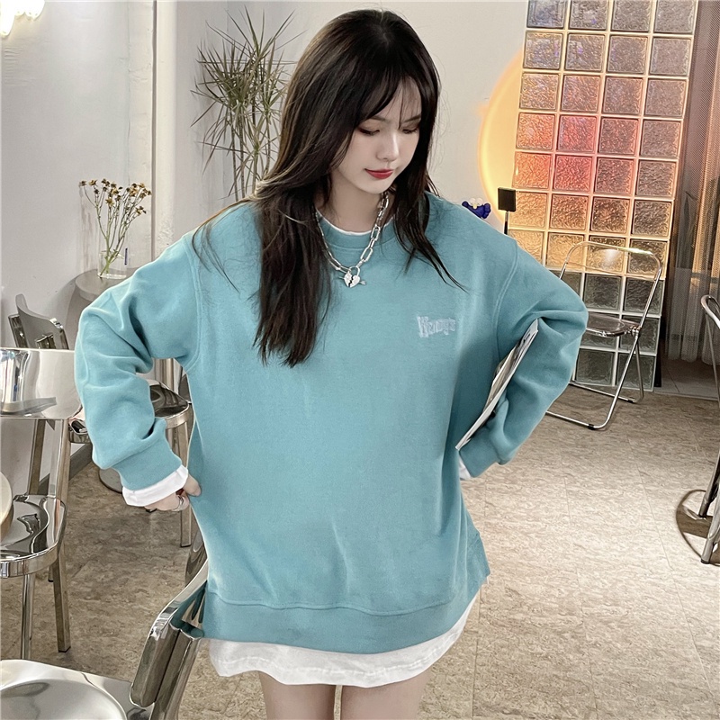 Áo nỉ dài tay dáng rộng thêu chữ phong cách hàn quốc thời trang