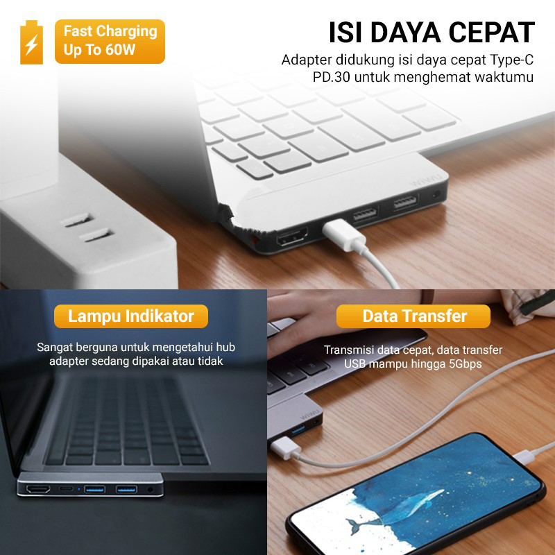 Bộ Chuyển Đổi 5 Trong 1 Wiwu Type C Sang Hdmi Usb 3.0 Pd Pd Cho Matebook X Pro