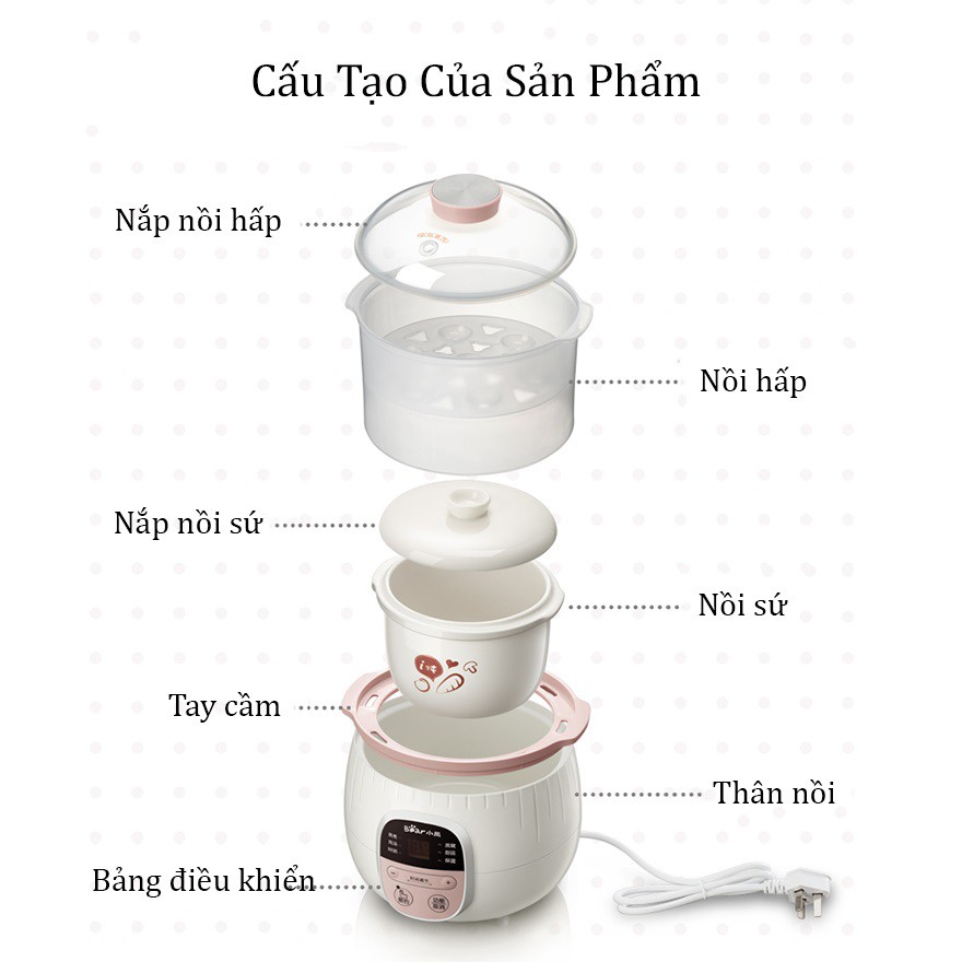 Nồi nấu cháo cho bé ăn dặm nấu chậm bằng điện BEAR 0,8 lít chính hãng. Bảo Hành 18 Tháng