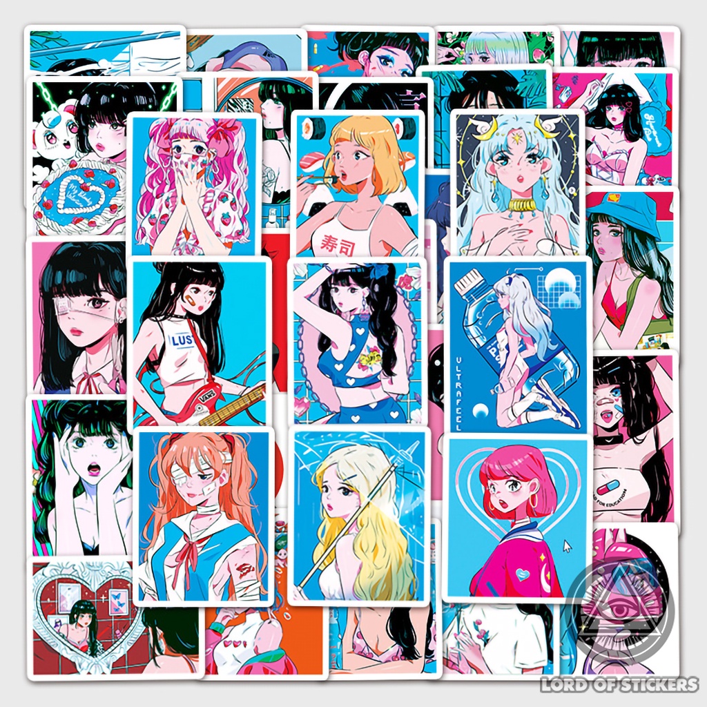 Set 50 Nhãn Dán Hoạt Hình Cô Gái Nhật Bản Sticker Cute Anime Aesthetic Chống Thấm Nước Trang Trí Mũ Bảo Hiểm, Laptop, Sổ