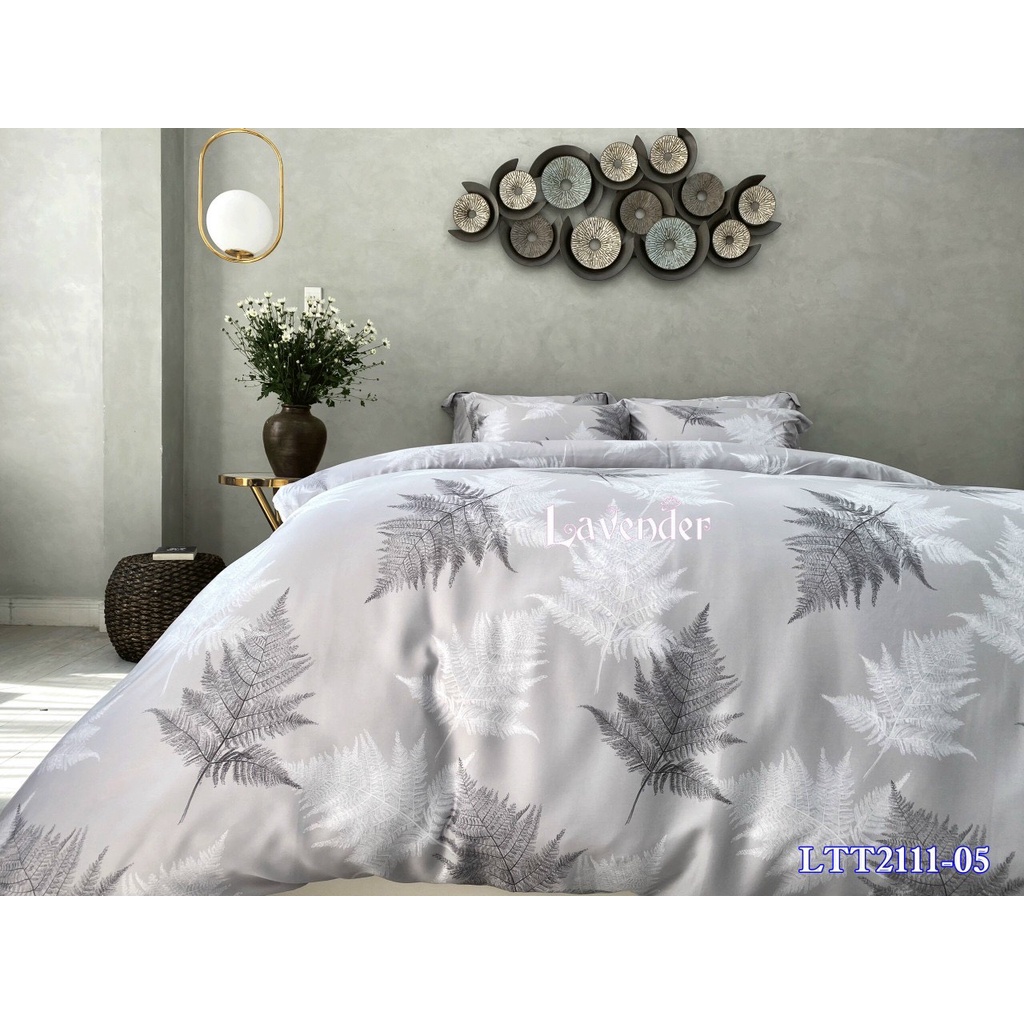 Chăn ga gối lụa tencel mẫu Lá Xám 80s LAMIDO đủ size nệm 1m6, 1m8, 2m HÀNG CHUẨN