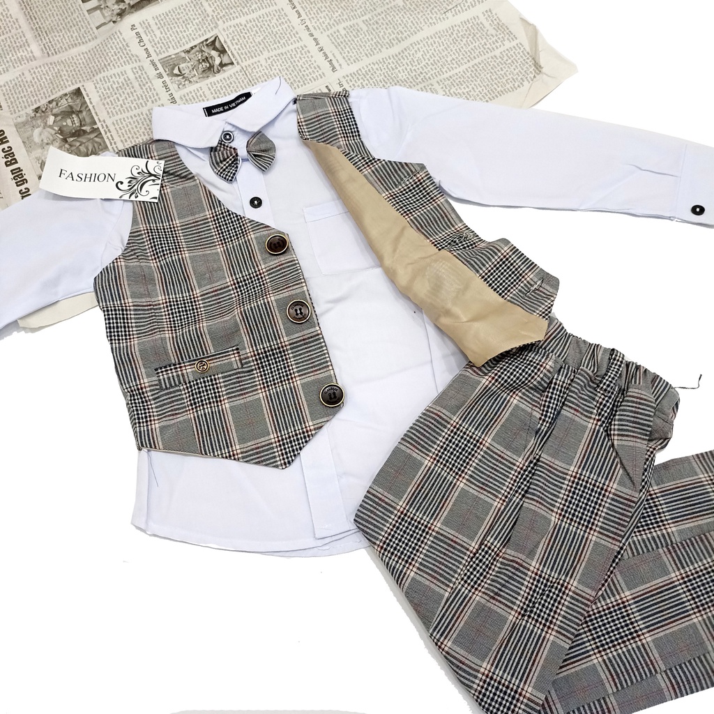 Bộ quần áo vest công tử kẻ caro 3 chi tiết cho bé trai 10-22kg