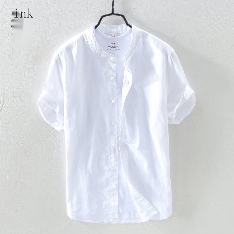 Áo Sơ Mi Nam Tay Ngắn Cổ Đứng Bằng Cotton Linen Dễ Phối Đồ