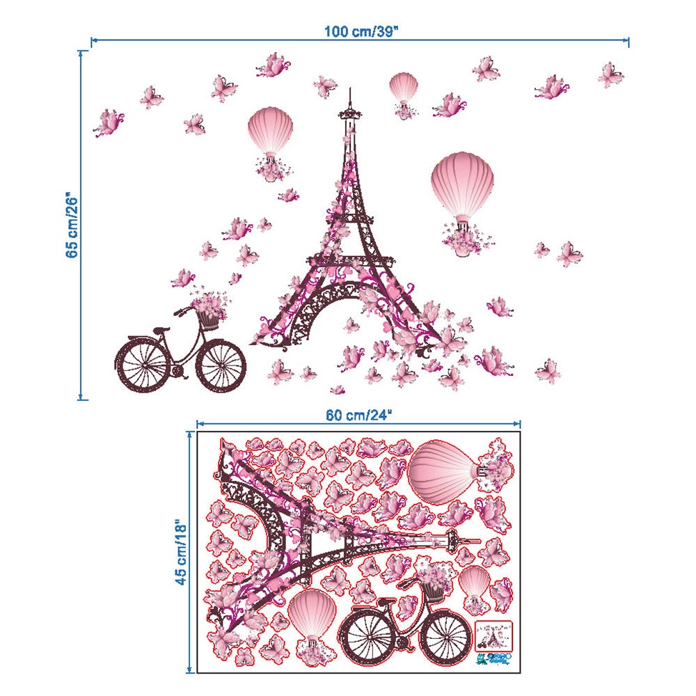 Lifedecor SunYard Romantic Paris Wall Sticker Kids Room Eiffel Tower Butterfly Wall Decal 100 * 65cm