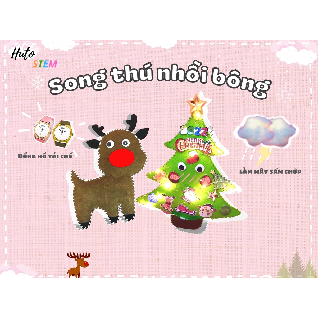 Thú Nhồi Bông DIY Bằng Vải Nỉ, Hai Thú Nhồi Bông Noel Size lớn, Full phụ kiện + Tặng kèm đèn nháy và stickers tự cắt dán