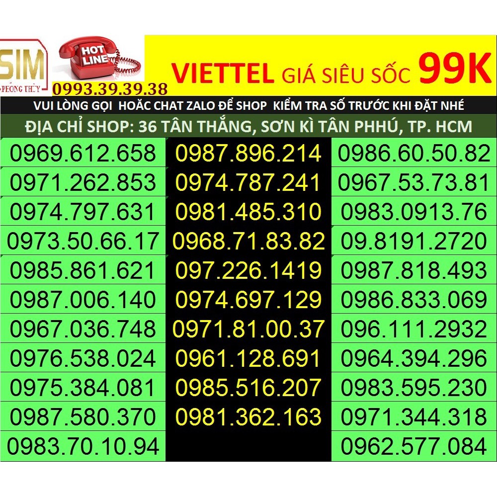 SIM VIETTEL, GIÁ HẤP DẪN 99.000 ĐẦY ĐỦ CÁC GÓI V120, F90, F70... NHẬN LÀM SIM PHONG THỦY, TƯ VẤN SIM HỢP TUỔI, HỢP MẠNG.