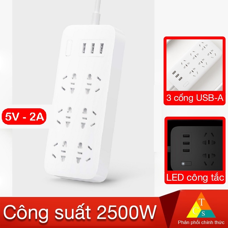 Ổ cắm v2 Xiaomi power strip 6 đầu tích hợp 3 USB - Ổ cắm điện Xiaomi Mi Power Strip 6 cổng 3 usb CXB6-1QM