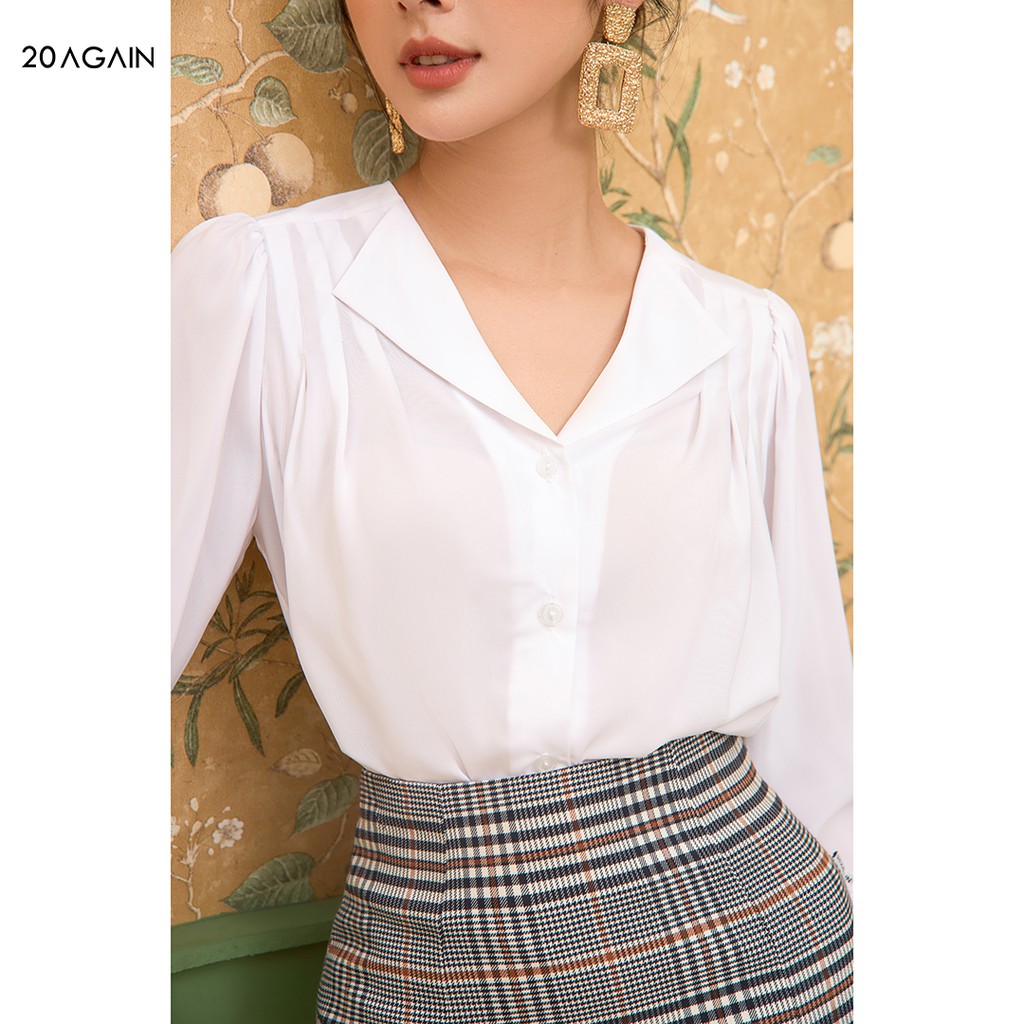 Áo Sơ Mi Cổ Bẻ Basic 20AGAIN voan xanh-trắng nhẹ nhàng nữ tính ASA1762