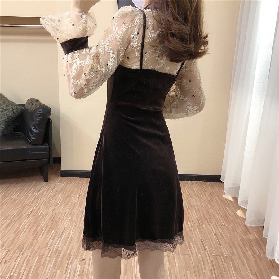 Đầm nhung chữ A phối tay voan sang chảnh váy nhung Hàn Quốc Đ319