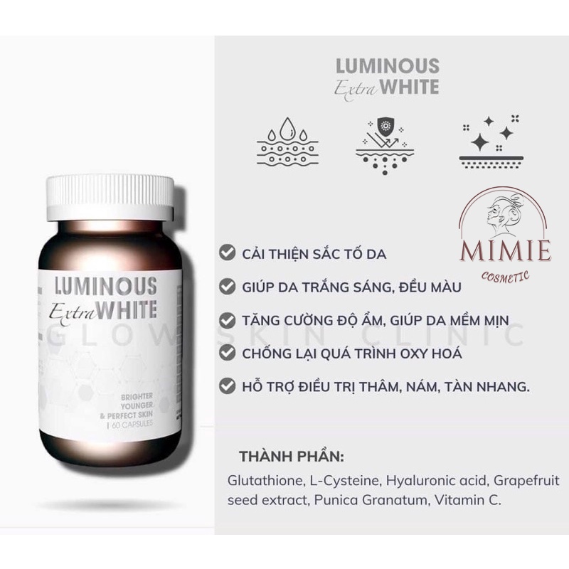 [CHÍNH HÃNG] VIÊN UỐNG LUMINOUS EXTRA WHITE TRẮNG DA, MỜ NÁM, GIẢM THÂM, CHỐNG LÃO HÓA HỘP 60 VIÊN