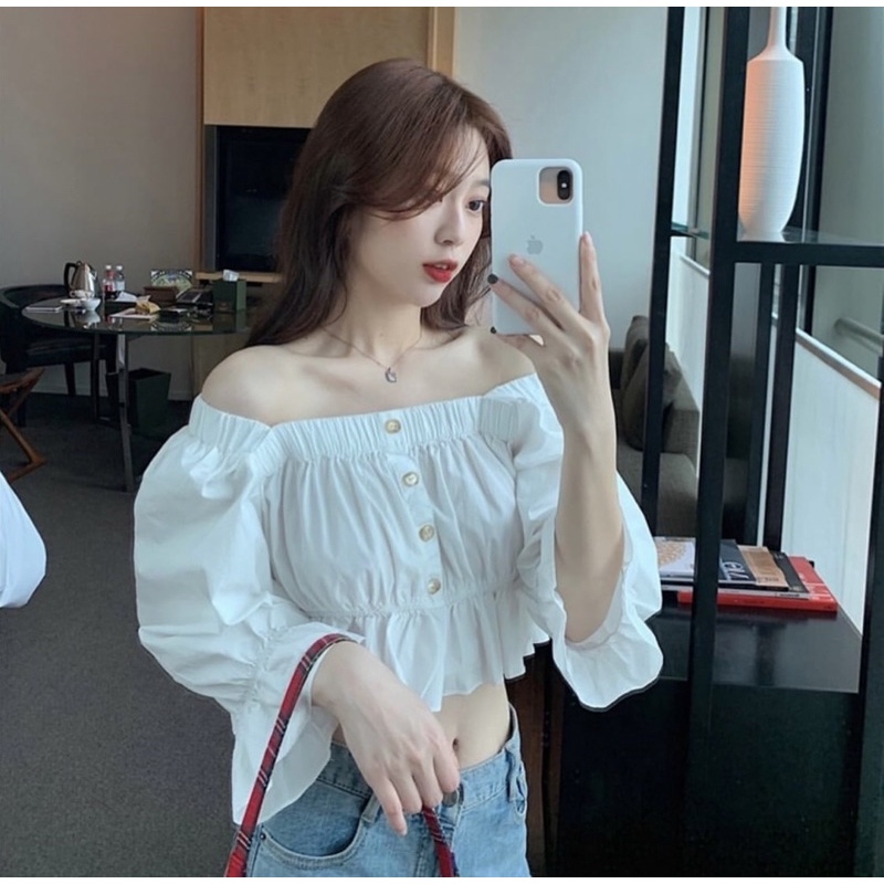Áo croptop kiểu trễ vai tay lỡ chun co dãn trơn - Order taobao quảng châu