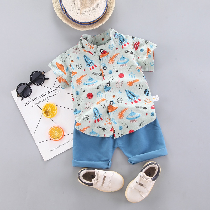 Bộ áo sơ mi phối quần short  in họa tiết hoạt hình dễ thương cho bé trai từ 0 - 4 tuổi