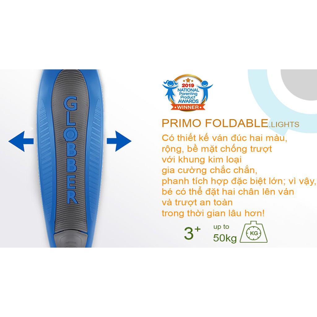 Xe trượt scooter 3 bánh GLOBBER PRIMO FOLDABLE LIGHTS cho trẻ em từ 3 đến 6 tuổi - Xanh lá