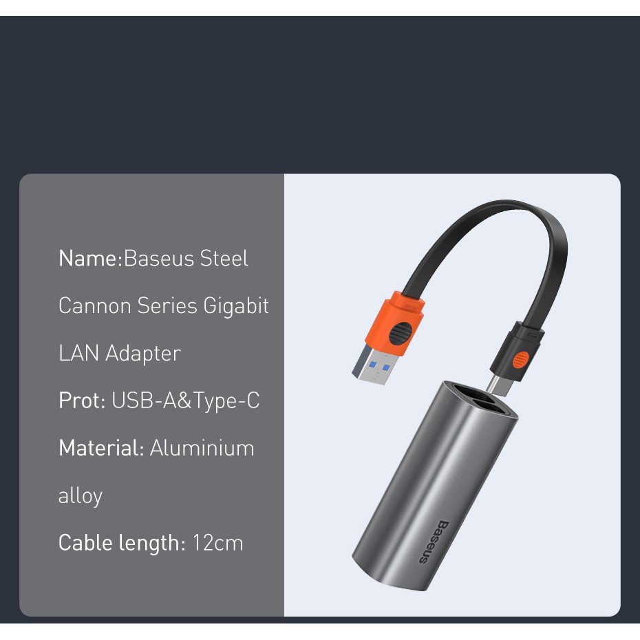 Hub chuyển đổi 2in1 Baseus Steel Cannon Series USB A Gigabit LAN Adapter từ USB / Type-C sang RJ45 cho MacBook Pro