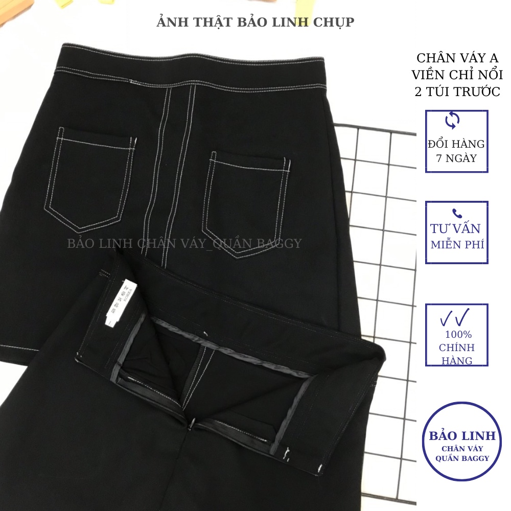 Chân váy chữ A ngắn đen viền chỉ nổi lưng cao túi trước 2 bên có quần chống lộ | BigBuy360 - bigbuy360.vn