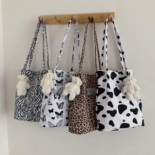 Túi Tote Vải Canvas Đeo Vai Hàn Quốc Hoạ Tiết Báo Nâu,Bò Sữa