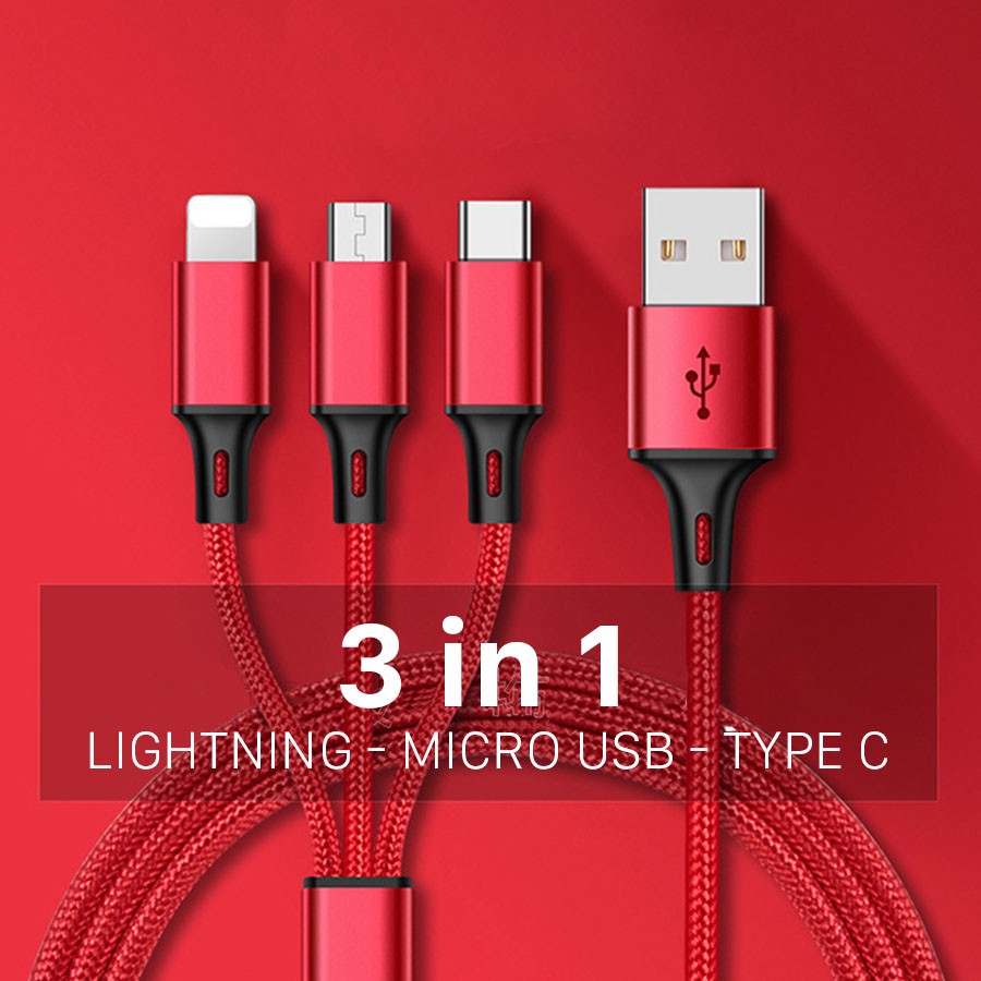 CÁP XỊN Cáp sạc 3 trong 1 Lightning, Type-C, Micro-USB.  Hỗ trợ sạc nhanh, Sạc cùng lúc 3 thiết bị