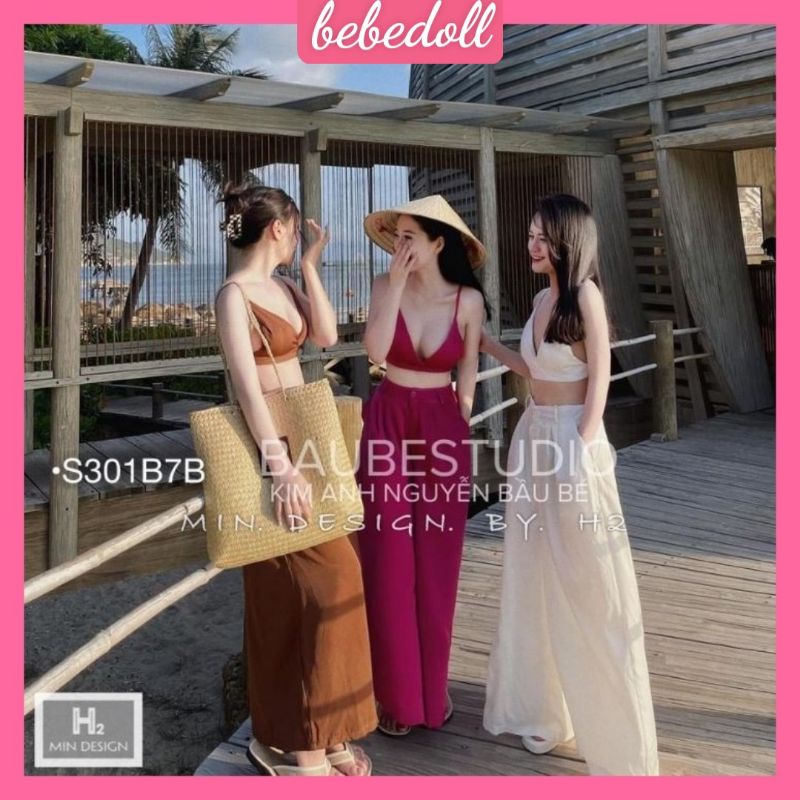 Set đồ nữ đi biển ,set đồ bơi 2 mảnh áo kiểu 2 dây đệm ngực quần dài cạp cao ống rộng có túi, vải thô cao cấp