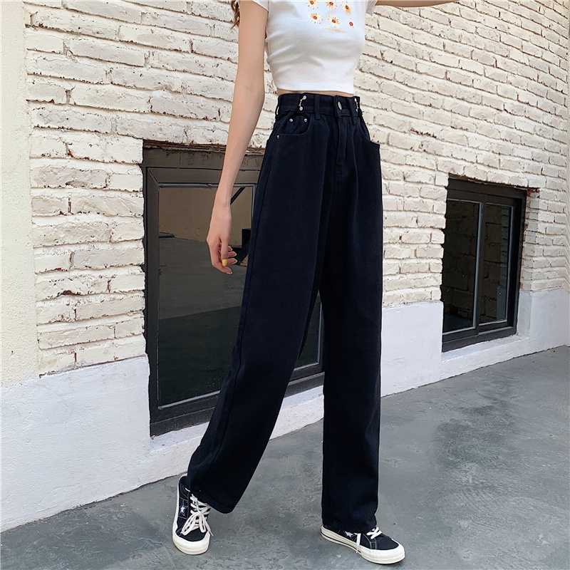 Quần Jeans Gài Eo Ống Rộng Ulzzang Lưng Cao Zinti 2 Màu Đen - Xanh QD23