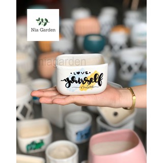 Chậu cây gốm sứ vẽ, vuông thấp mini