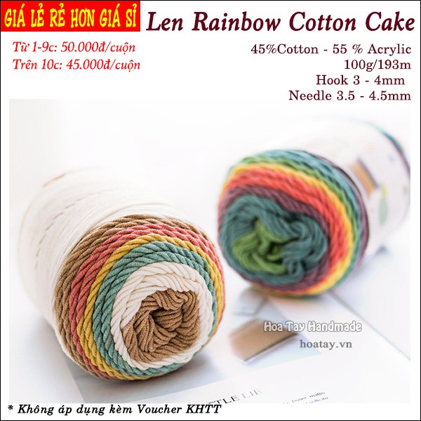 Len Rainbow Cotton Cake- Len đan móc khăn, nón Bảng màu 17 đến 28