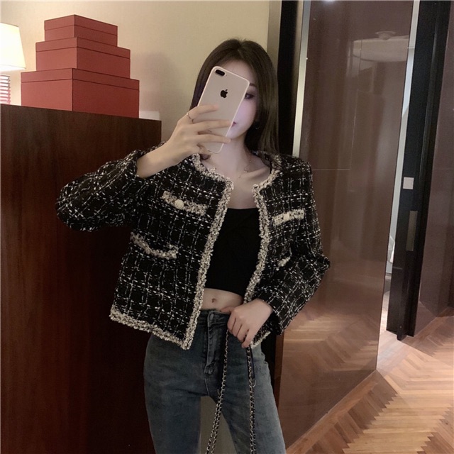 Áo khoác dạ tweed cổ tròn dáng ngắn/ áo dạ kẻ tweed kẻ phối màu