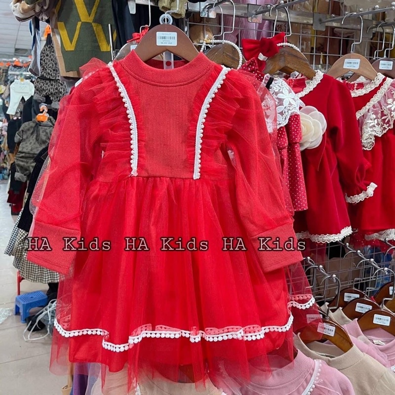 {11-15kg} Váy công chúa phối ren cho bé gái, Váy Tết đẹp bé gái
