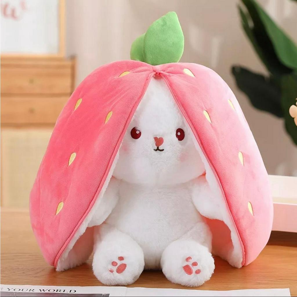 Gấu Bông Nhỏ Hình Thỏ Lốt Dâu 2 Trong 1 Size 23cm, Vải Mềm Mịn, Nhập Khẩu, Quà Tặng Dễ Thương MEILI STORE