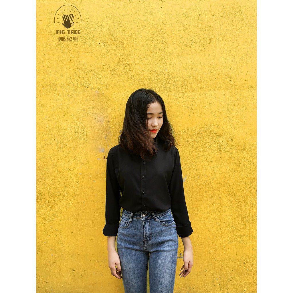 SƠ MI NỮ MÀU ĐEN cổ trụ HIỆU FIGTREE