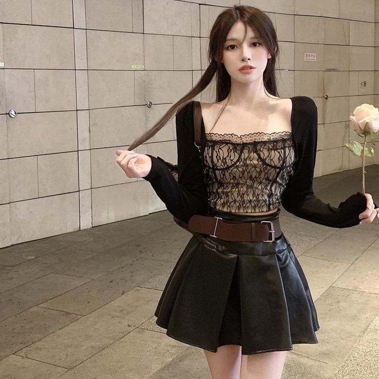 Set đồ da xếp li phong cách Pháp thời trang mùa thu cho nữ 2021