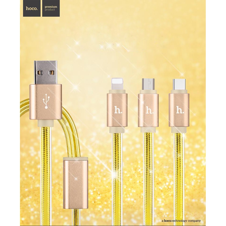 Cáp Lightning Hoco UPL12 3 đầu lightning+Micro+Type-c có đèn Led