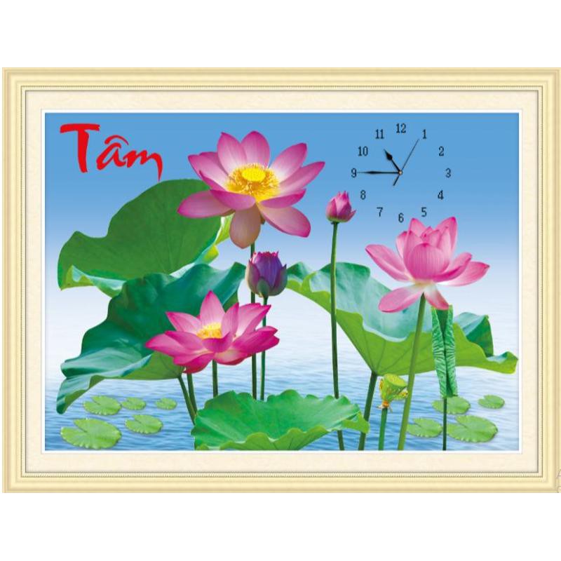 Tranh thêu chữ thập Đồng Hồ Tâm hoa sen 3D Ailuo AL53555 |78x58cm| -Chưa thêu