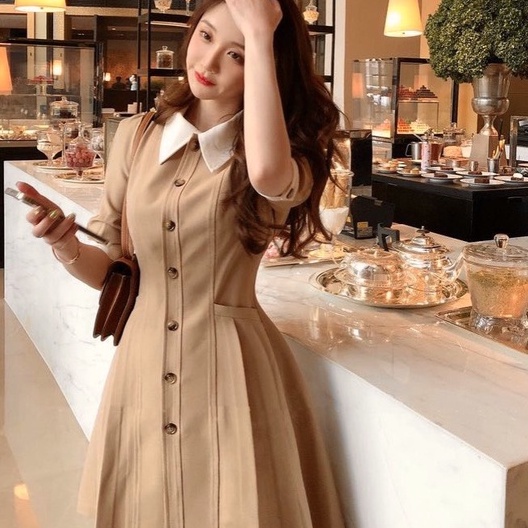 Đầm váy nữ chữ A đẹp sành điệu phối cổ búp bê trắng kiểu dáng Hàn Quốc công sở lịch sự NITEHY 6