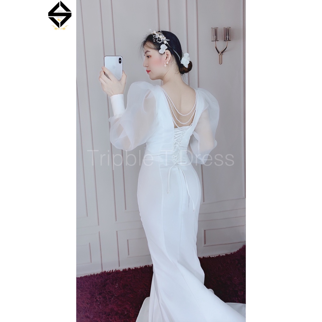 Đầm body đuôi cá mặc cướiTRIPBLE T DRESS tay dài phồng hở lưng phối chuỗi ngọc - size S/M/L -MS166Y