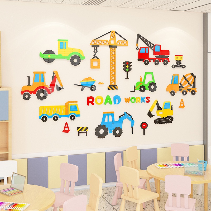 Tranh mica 3d dán tường các mẫu tranh xe cộ máy móc công trường xây dựng, trang trí phòng ngủ bé trai, mầm non, mẫu giáo