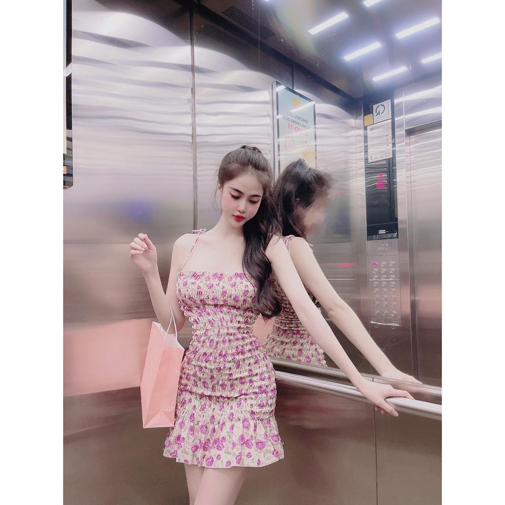 [HINOIS229] Đầm Body Nhún 🌸 Váy 2 Dây Hoa Nhí Dáng Ôm, Chất Lụa Thấm Hút Mồ Hôi, Thích Hợp Đi Chơi, Đi Tiệc | BigBuy360 - bigbuy360.vn