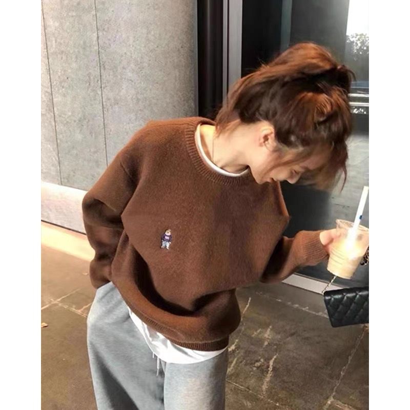 White bear embroidered round-neck sweater female winter lazy thickened bottom top loose soft waxy sweater