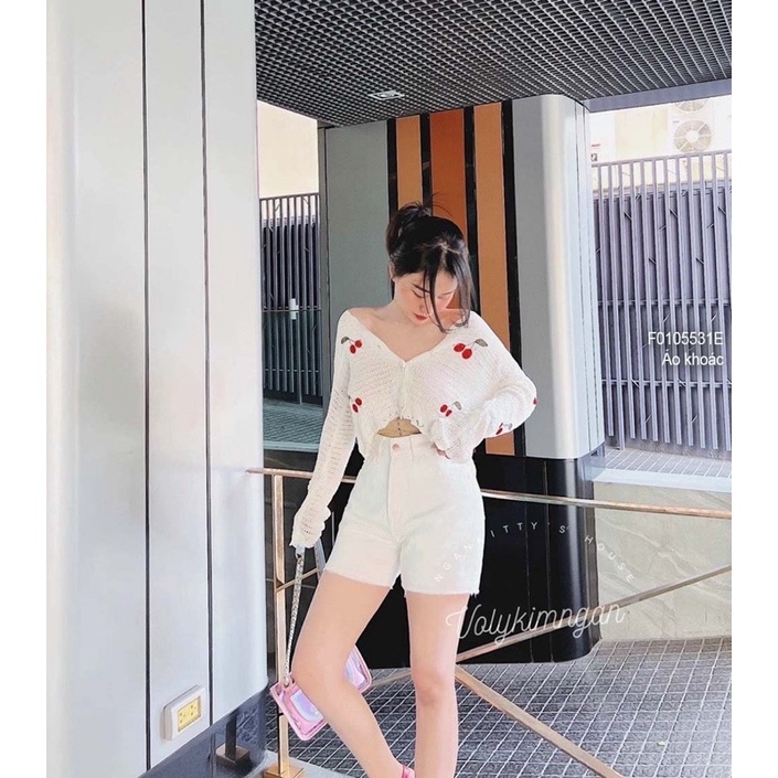 Áo khoác len croptop thêu quả cherri gài nút tay dài 0422