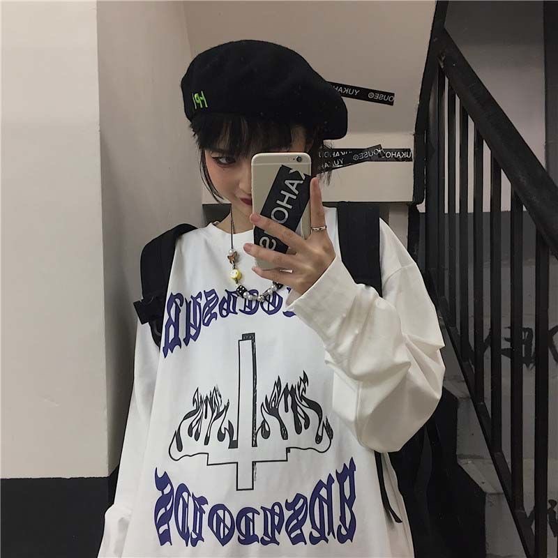 Áo Thun Tay Dài oversize In Họa Tiết Chữ Thập Phong Cách hip hop Thời Trang Cho Nam Và Nữ y2k Goth