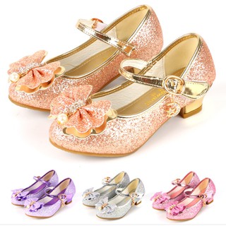 Giày Cao Gót Đính Nơ Óng Ánh Da Mềm Êm Chân Chắc Chắn Cho Bé Gái