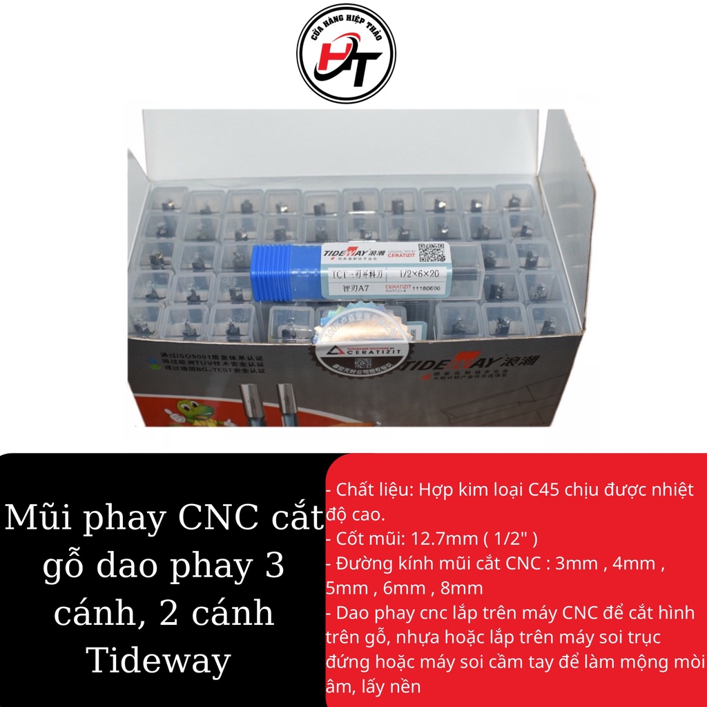 Mũi phay CNC cắt gỗ dao phay 3 cánh , 2 me thẳng và Xoắn TCT Tideway 3,4,5,6,8mm MCCNC-TW
