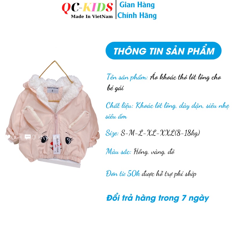 Áo khoác phao trẻ em lót lông hình thỏ đáng yêu cho bé gái 8-18kg