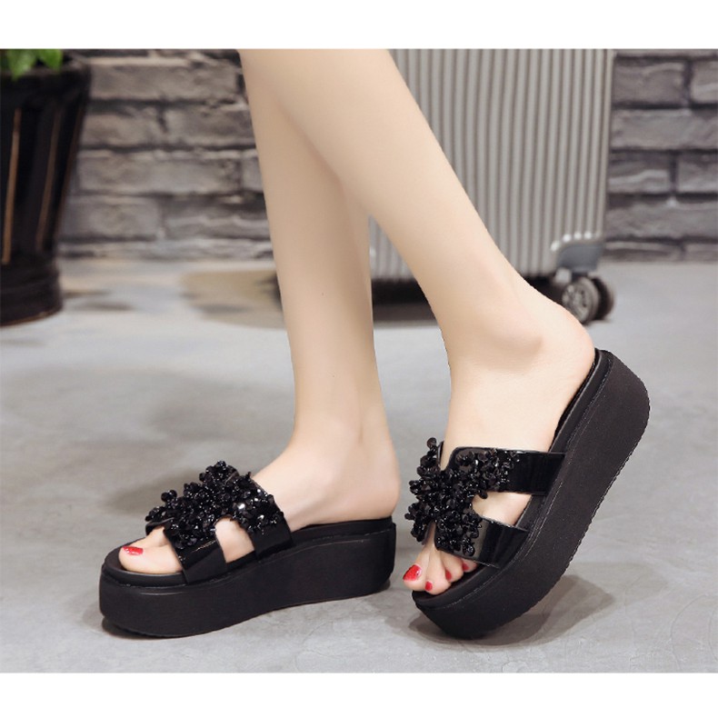 Dép Đế Xuồng Nữ Cao Gót Quai Ngang Chữ H Đính Đá Cườm Cao 6Cm