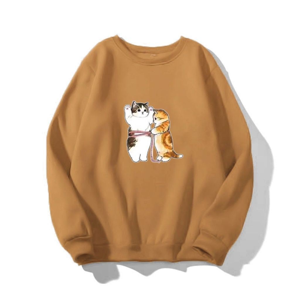 ÁO SWEATER NỈ UNISEX IN CẶP ĐÔI MÈO BUỘT DÂY SIÊU DỄ THƯƠNG ÁO NỈ TAY DÀI FORM NAM NỮ ĐỀU MẶC ĐƯỢC