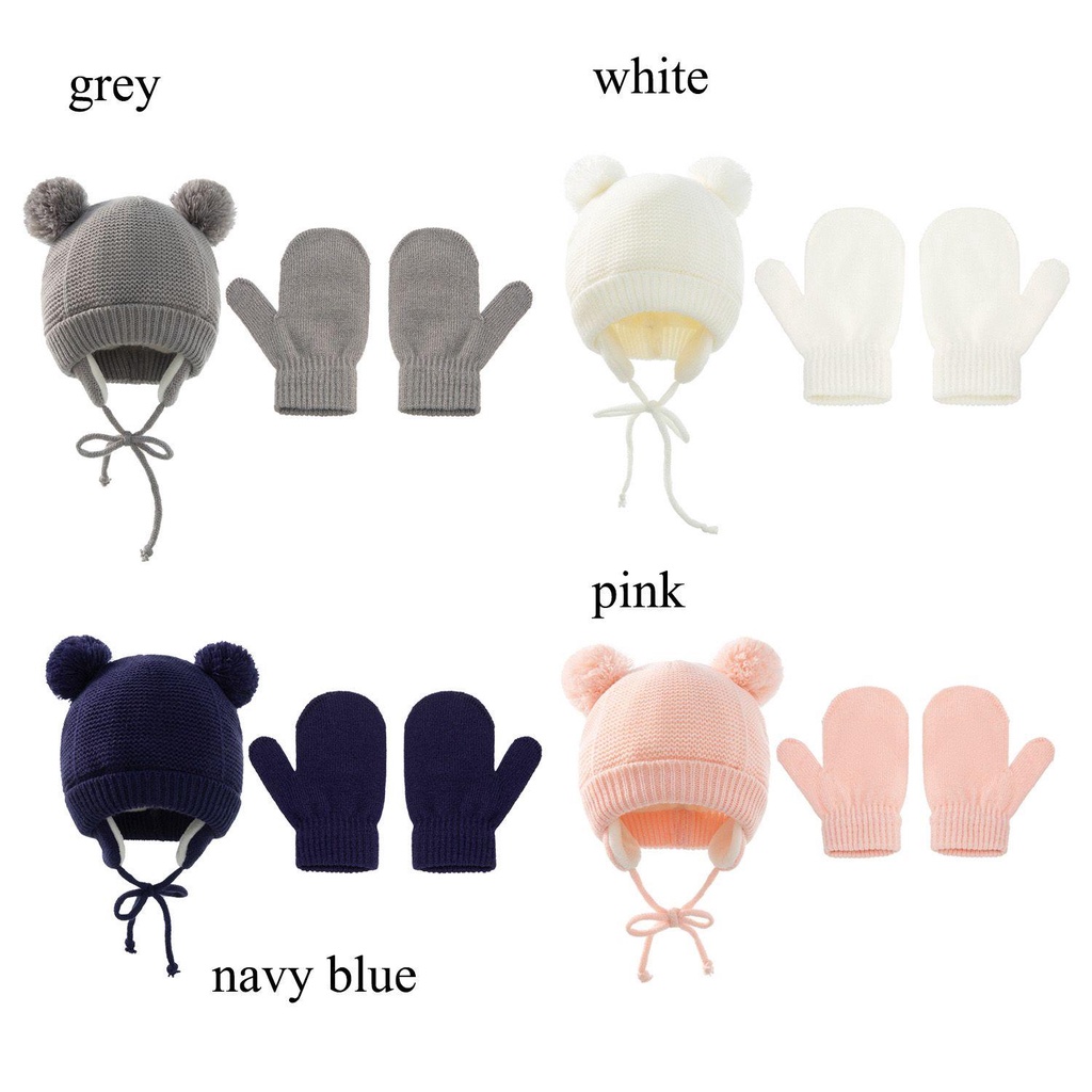 Set 2 Mũ Len Beanie Đính Quả Bông Dày Dặn Dễ Thương Bảo Vệ Tai Cho Bé Sự Bảo Vệ