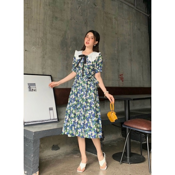 Đầm hoa công sở cổ tim trắng bầu mặc được Julie BT086